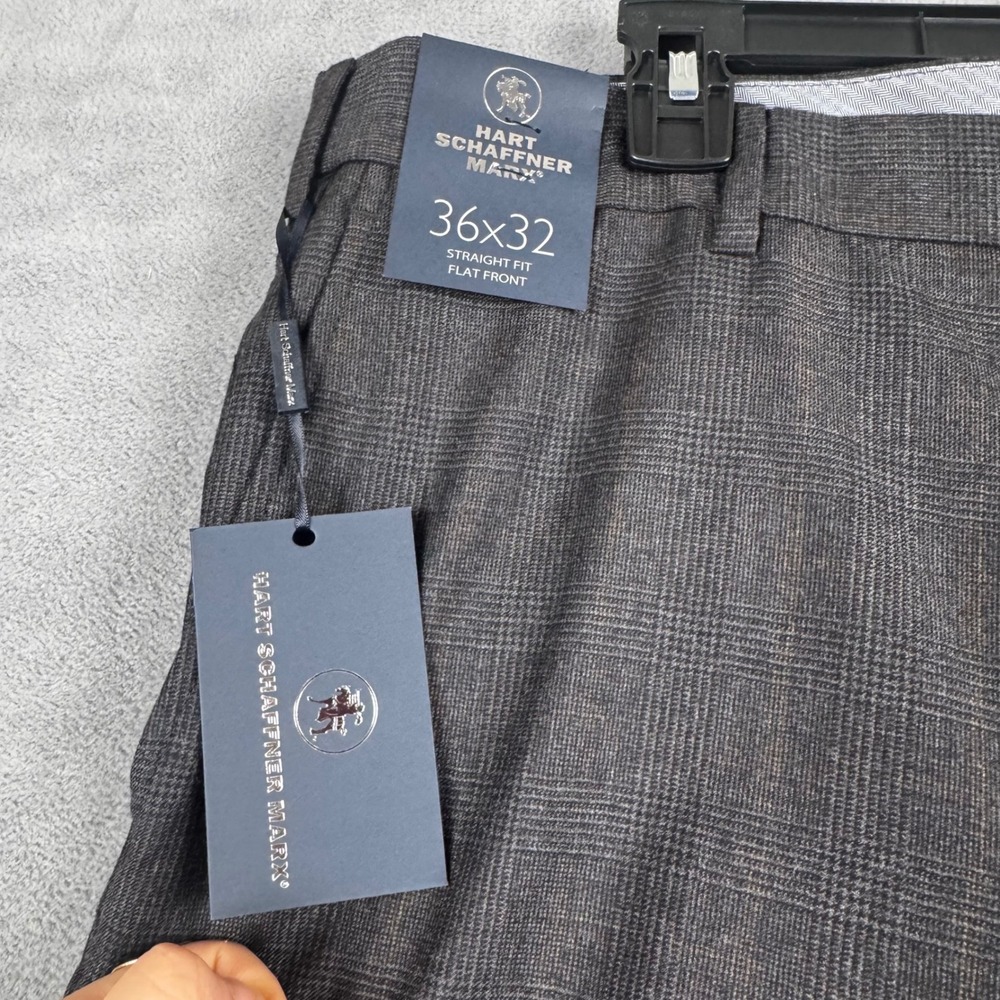Hart Schaffner Marx Mens 36x32 Straight Flat Front Glen Plaid Dress Pants Grey - Picture 6 of 9